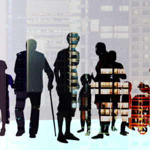 Silhouetten von Menschen und Häuserfassaden